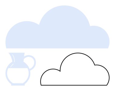Büyük açık mavi bulut şekli, basit siyah çizgili bulut ve minimalist sürahi. Hava durumu temaları, minimalist tasarımlar, sanat projeleri, kavramsal metaforlar, yaratıcı çizimler için ideal