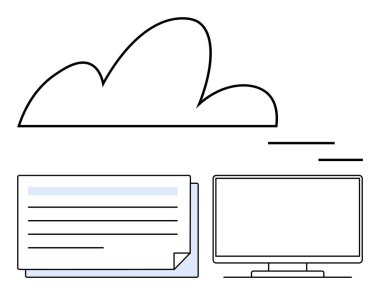 Bilgisayar monitörünün üzerinde bulut simgesi ve bulut depolama senkronizasyonu ve veri yönetimini sembolize eden bir yığın belge. Bulut hesaplama, dijital depolama, teknolojik çözümler ve uzak çalışma için ideal