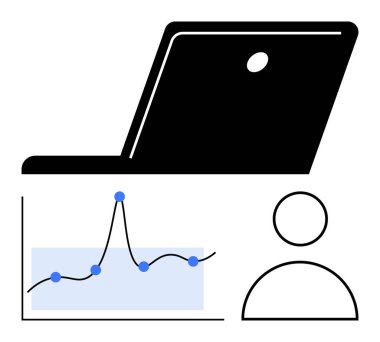 Mavi noktalı dizüstü bilgisayar çizgisi grafiği ve teknoloji veri analizini ve kullanıcı etkileşimini sembolize eden kullanıcı simgesi. İş, pazarlama, analitik, strateji, büyüme, teknoloji, iletişim için ideal