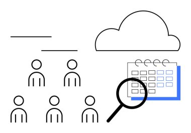 İnsanlar bir bulut ve büyüteçle takvim simgelerler. Takım işbirliği, bulut hesaplama, yönetim, planlama, organizasyon, üretkenlik için ideal. Satır metaforu