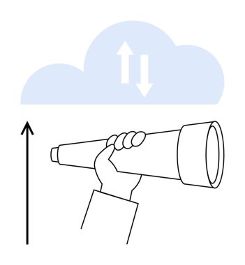 Teleskop, oklu bir buluta doğrultulan bir el tarafından tutuluyor. İş stratejisi, öngörü, yön, keşif, vizyon, analiz, gelecek planlama için ideal. Satır metaforu