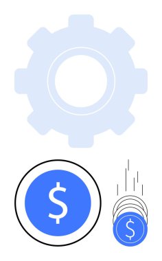 Büyük vites simgesi operasyonlar, yuvarlak dolar işareti, yığınla bozuk para. Finans, otomasyon, para yönetimi, tasarruflar, ekonomik büyüme, iş süreçleri için ideal