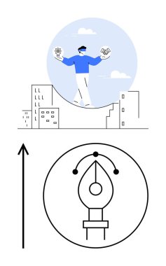 Aşağıdaki eğri büğrü bina siluet kalem sembolü üzerinde hokkabazlık ve sohbet baloncukları yapan kişi. Teknoloji, yaratıcılık, kentsel yaşam, tasarım, yenilik, modernite, büyüme için idealdir. Satır metaforu