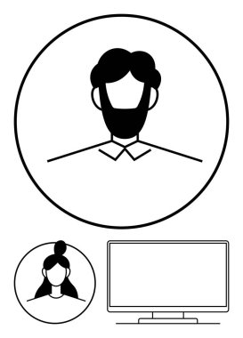 Sakallı bir adamın stilize edilmiş portresi, çörekli bir kadın ve bilgisayar monitörü. İş profilleri için ideal, sanal toplantılar, uzak çalışma, teknoloji, çevrimiçi iletişim, insan kaynakları modern