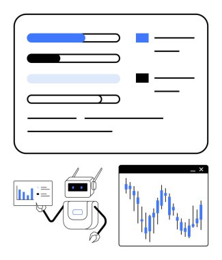 Çubuk grafikli robot tutuşu, ekranlarda ilerleme çubukları ve çizgi grafiği. Teknoloji, otomasyon, veri analizi, iş zekası, makine eğitimi, yapay zeka finansmanı için ideal. Satır metaforu