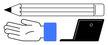 Elin dizüstü bilgisayara doğru uzanıyor, yukarıdaki kalem. Siyah, mavi. Yaratıcılık, işbirliği, iletişim, eğitim tasarım ekip çalışması için ideal. Satır metaforu