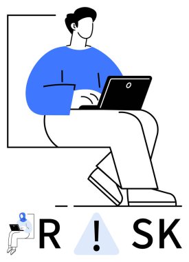 Dizüstü bilgisayarda çalışan ve ciddi davranışlar sergileyen biri. Ünlem işaretiyle yazılmış bir risk. İş, finans, siber güvenlik, eğitim, karar verme ve uyarı riski için ideal