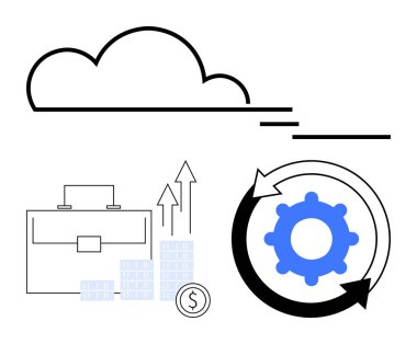 Siyah çizgili bir bulut, artan grafikler ve paraların yanında evrak çantası dairesel oklar içinde çark. İş, teknoloji, finans, büyüme, operasyon verimliliği ve strateji için idealdir. Çizgi