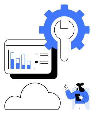 İş kadını analitik çizelgeye, bulut formuna ve İngiliz anahtarlı teçhizata bakıyor. Bulut hesaplama, veri analizi, iş optimizasyonu, takım çalışması, dijital çözümler, iş akışı otomasyonu bilişim için ideal