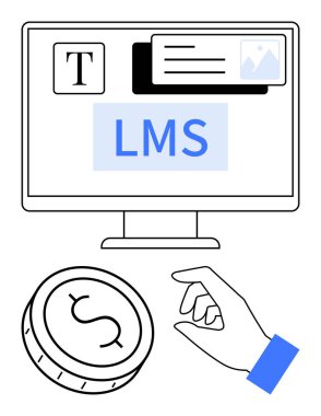 Metin ve resim simgeleriyle LMS arayüzü gösteren bilgisayar monitörü. Elin bozuk paraya uzanıyor. E-öğrenme, çevrimiçi kurslar, uzaktan eğitim, öğretim, dijital araçlar finansmanı için ideal. Satır metaforu