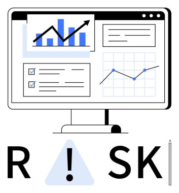 Bilgisayar ekranında yukarı doğru eğilim, çizgi grafiği ve kontrol listesi var. Uyarı işaretiyle birlikte risk mektupları. İş, finans, analiz, risk yönetimi, sunum stratejisi için ideal