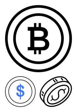 Bitcoin coin with B symbol, dollar coin in blue, and 3D dollar coin emphasizing cryptocurrency and traditional money. Ideal for fintech, investments, blockchain, exchanges, economics, digital assets clipart