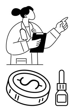 Bir pano tutan, işaret eden bir kadın sağlık görevlisi, bir dolar para ve ilaç şişesi. Tıbbi hizmetler için ideal, sağlık giderleri, ilaç endüstrisi, mali analiz, bütçe