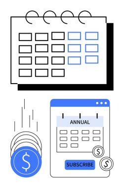 Aylık planlı takvim, maliyeti temsil eden madeni paralar, yıllık bilgileri içeren tarayıcı penceresi ve abone detayları. Finans, çevrimiçi hizmetler, planlama, bütçeleme, e-ticaret pazarlama kampanyaları için idealdir. Çizgi