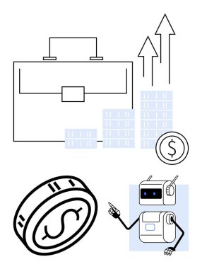 Evrak çantası dolusu bozuk para yukarı doğru ok ve bir robot. İş, finans, büyüme, teknoloji, otomasyon, yatırım ve yenilik için idealdir. Satır metaforu