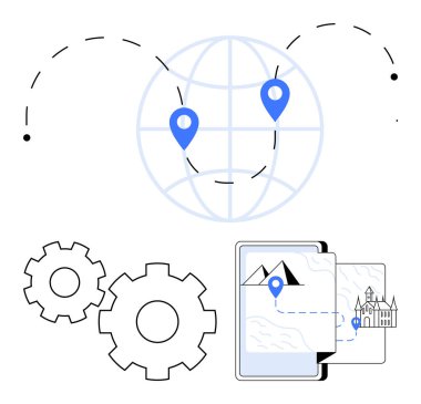 Konum iğneleri, dişliler ve harita detayları ve işaretleri olan mobil bir cihaz olan bir dünya. Seyahat, teknoloji, navigasyon, küresel bağlantı, uygulama geliştirme yenilikleri için idealdir. Satır metaforu