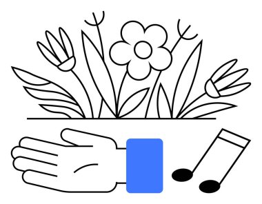 Bahçe çiçekleri, mavi manşetli el çırpma ve notalar. Doğa, kutlama, takdir, müzikal kavramlar, sadelik minimalizmi ve yaratıcılık için idealdir. Satır metaforu