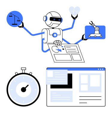 Adalet ölçeğinde çoklu görev yapan robot kalp robotik kol belgesi web arayüzü ve kronometre. Hukuk, sağlık, teknoloji, üretkenlik, çoklu görev, yenilik ve otomasyon için ideal