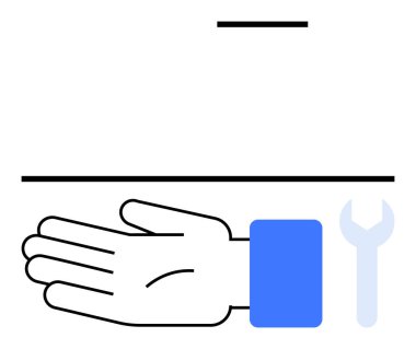 El hareketi, anahtar noktaları vurgulayan siyah çizgiler, kolunda mavi renk, destek için ingiliz anahtarı sembolü. Hizmetler için ideal, yardım, rehberlik, yardım ekip çalışması tamir konforu. Çizgi