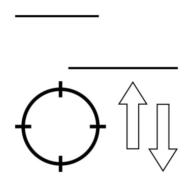 Dairesel çapraz, iki dikey ok bir yukarı, bir aşağı ve iki yatay çizgi. Hedefleme doğruluğu, navigasyon, strateji planlaması, oyun tasarımı, yön göstergeleri mühendisliği için ideal