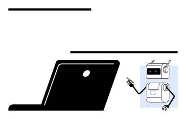 Dizüstü bilgisayarda kalem dersi veren bir robot. Eğitim, teknoloji, e-öğrenme, yapay zeka, yenilik, gelecek ve dijital dönüşüm için ideal. Satır metaforu