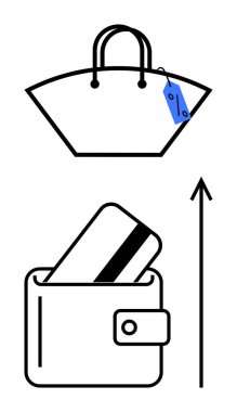 Üzerinde kredi kartı olan mavi indirimli cüzdanı olan el çantası. Tema alışverişi, moda, indirim, harcama, perakende satış, tüketici davranışı, tarz için ideal. Satır metaforu