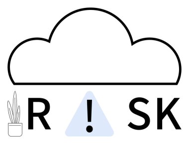 Large cloud with an exclamation point in a triangle emphasizing risk within the word RISK and a potted plant. Ideal for presentations, business strategy, safety planning, security protocols, IT risk clipart