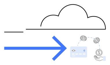 Mavi okla ödeme kartına bağlı bulut, para birimi paralarıyla çevrili, bu da mali işlemleri gösteriyor. Finans, bankacılık, dijital ödemeler, teknoloji, bulut hesaplama, e-ticaret için ideal