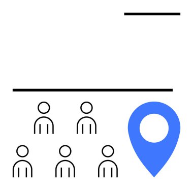 Altı kişi mavi bir konum işaretçisini simgeler ve çizgiler soyut bir düzen oluşturur. Navigasyon, toplantılar, nüfus grafikleri, kitle kaynakları, topluluk, yer belirleme, organizasyon şeması için idealdir. Satır metaforu