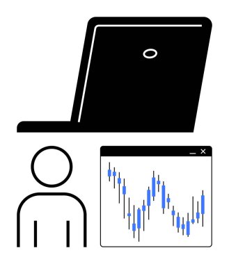 User icon observing a computer monitor with a stock market chart. Ideal for financial management, online trading, business analysis, investment planning, technology, data monitoring, and educational clipart