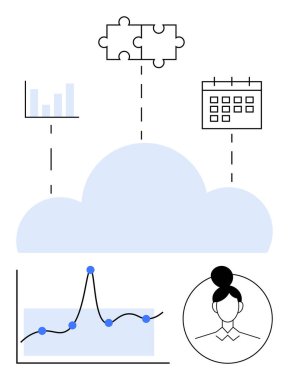 Cloud connects graph chart puzzle calendar user profile. Ideal for workflow, teamwork, organization, planning, technology, data analysis, digital solutions. Line metaphor clipart