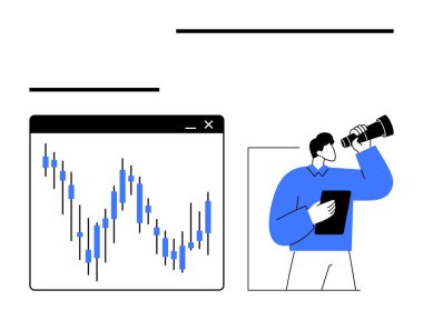 İşadamı elinde tablet tutarken teleskopla borsa grafiğini inceliyor. Finans, yatırım, iş stratejisi, piyasa araştırması, ekonomik analiz, veri yorumlaması, tahmin