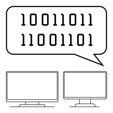 İki bilgisayar monitörünün üzerinde ikili kod içeren bir konuşma balonu var. Teknoloji iletişimi, veri transferi, programlama, kodlama, dijital bilgi, bilişim kavramları, bilgisayar bilimi için ideal