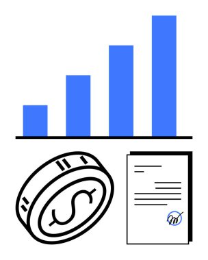 Yükselen mavi çizelge, dolar işaretli büyük para, imzalı belge yığını. Mali raporlar, ekonomi, yatırımlar, iş büyümesi, muhasebe ve sözleşmeler için ideal