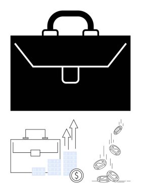 Black briefcase, graphs with arrows pointing up, coins falling, and a dollar symbol. Ideal for business, finance, investment, banking, corporate strategy economic growth and financial planning clipart