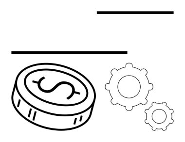 Dolar işaretli sikke ve iki dişli tekerlek ekonomik büyümeyi, finansal başarıyı, verimliliği ve işbirliğini sembolize ediyor. İş için ideal, yatırım, finans, planlama ekonomileri