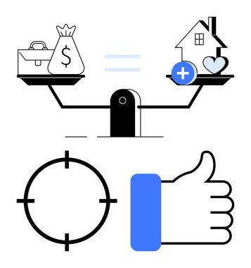 Para ve çantayı ev ve kalple dengeleyerek iş-yaşam dengesini vurguluyor. Hedef odaklama ve onay işaretlerini içerir. İş-yaşam dengesi, öncelikler, hedefler, memnuniyet için ideal