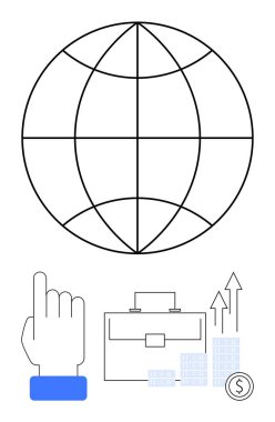 Kıtalarla dolu bir dünya, evrak çantası, yükseltilmiş parmaklı bir el, bar çizelgeleri ve bir dolarlık para. Küresel iş, ekonomi, finansman, ticari yatırım büyüme kurumsal stratejisi için idealdir. Satır metaforu