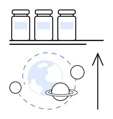 Eczane şişeleri, Dünya, Satürn ve diğer gök cisimleriyle birlikte yukarı doğru ok ile dizilmişti. Sağlık, astronomi, bilim eğitimi, yenilik, ilerleme, tıbbi