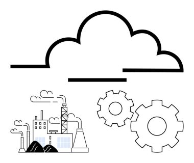 Duman bacaları ve kömür yığınlarıyla sanayi fabrikası, büyük bulut hatları, iki vites, endüstriyel süreçleri bulut bilgisayarıyla birleştiren. Endüstri, teknoloji ve modernizasyon için ideal
