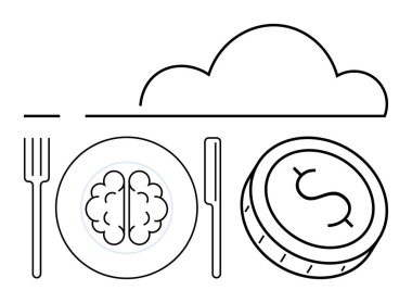Çatal, bıçak, beyni olan tabak, dolar işareti olan bozuk para ve bulutlar. Finans, eğitim, beslenme, sağlık teknolojisi yapay zeka işi için idealdir. Satır metaforu