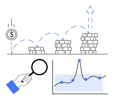 Bozuk para yığınları yükselir, mavi oklar büyümeyi gösterir, büyüteç ile el büyütme grafiği incelenir. Finans, yatırım, ekonomik büyüme, veri analizi, iş eğilimleri, stratejik planlama için ideal