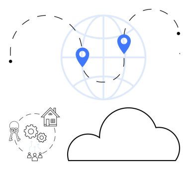 Yer işaretleyicili dünya, bulut, vitesli anahtarlar ve ev simgeleri. Gayrimenkul, bulut hesaplama, küresel ağ, mülkiyet yönetimi, teknoloji entegrasyon konum hizmetleri için ideal