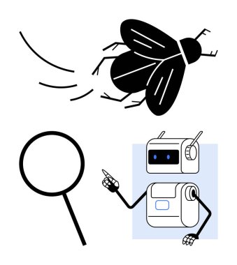 Robot uçan böceği ve büyüteci işaret ediyor. Teknoloji, robotlar, böcekler, araştırma, keşif, bilim hattı metaforu için ideal