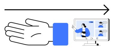 Çevrimiçi sınıf simgelerini, öğretmenleri ve öğrencileri gösteren bir bilgisayar ekranına uzanıyor. Çevrimiçi öğrenme, öğretme, uzaktan çalışma, sanal işbirliği, eğitim teknolojisi, mesafe için ideal