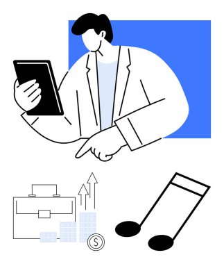 Tablet kullanan bir işadamı evrak çantası ve madeni paranın yanında finansal büyüme tablolarına işaret ediyor. Müzik nota sembolü. İş, finans, müzik, üretkenlik, teknoloji, büyüme pazarlaması için ideal