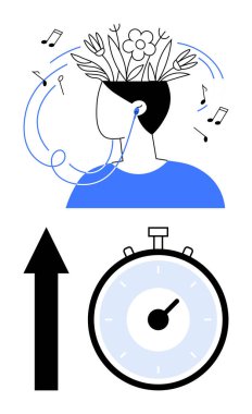 Person with flourishing nature and music notes emerging from head earphones stopwatch, and arrow. Ideal for creativity, time management, focus, productivity, direction, nature, and music themes clipart