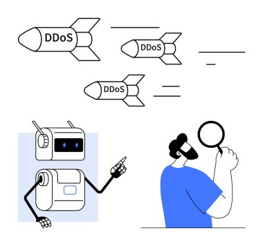 Üç DDoS füze hedefi, robot noktaları, büyüteçle insan analizi. Siber güvenlik, siber saldırılar, kötü amaçlı yazılımlar, internet güvenliği, veri sızıntıları, teknoloji için ideal. Satır metaforu