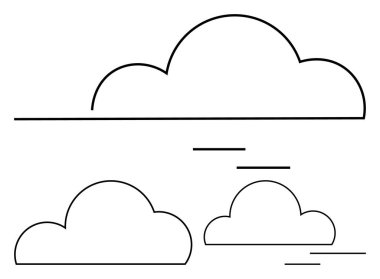 Değişen boyutlarda üç ana hatlı bulut. Minimalist rüzgar çizgileri hareketi gösteriyor. Hava tahminleri, doğa temaları, çevre çalışmaları, eğitim materyalleri, tasarım kavramları için ideal