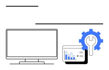 Analitik grafik ve veri tablosunu gösteren teçhizatlı bilgisayar ekranı. Teknoloji, analitik, dijital pazarlama, bilişim hizmetleri, teknik destek, iş operasyonları ve yazılım geliştirme için ideal